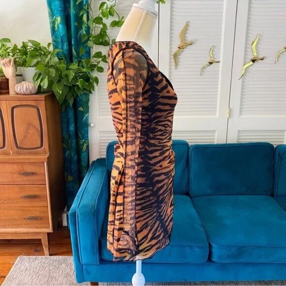SOLD - Urban Outfitters | UO Ace Mesh Wrap Dress Brown Multi Animal Print Small - Picture 3 of 9